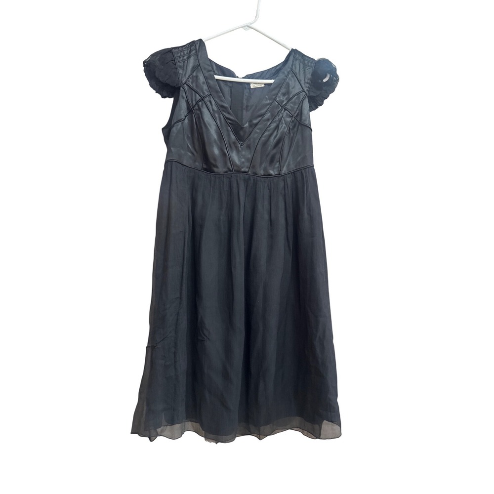 Leon Max Limited Edition Black 100% Silk Empire Waist Ruffle Cap Sleeve Dress‎ M